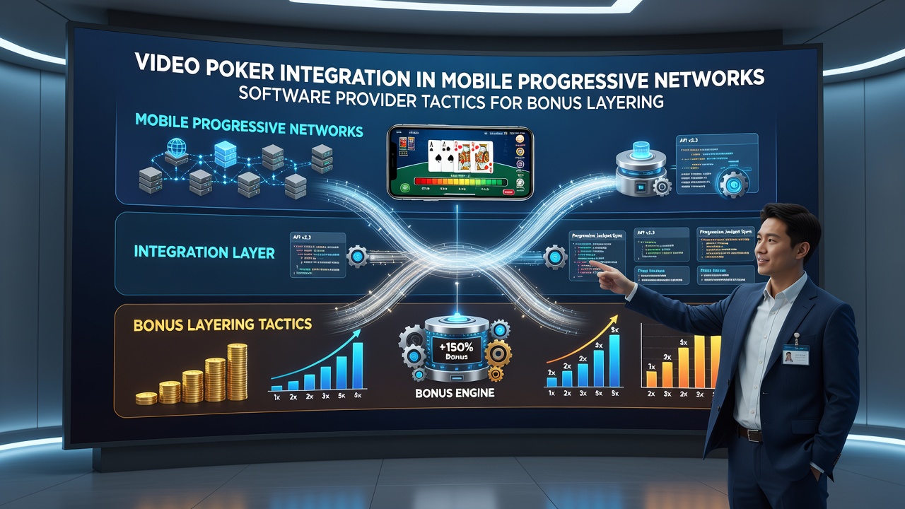 Network diagram showing bonus layering flow between video poker games and mobile progressive servers